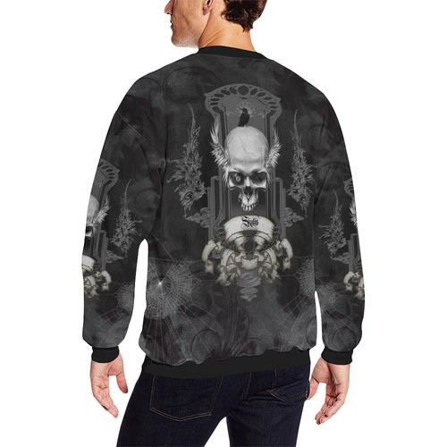 Skull with crow in black and white Men's Oversized Fleece Crew Sweatshirt (Model H18)