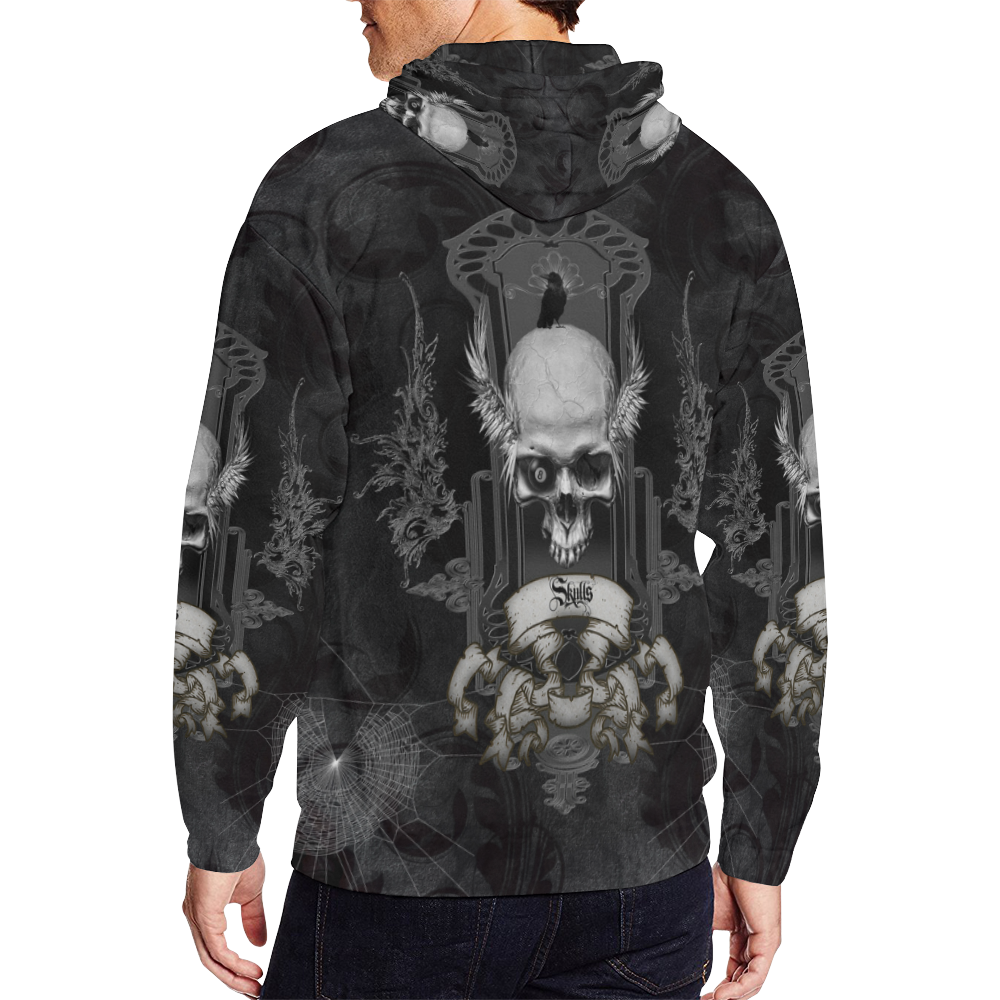 Skull with crow in black and white All Over Print Full Zip Hoodie for Men (Model H14)
