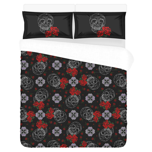 Skull and Roses Goth Print 3-Piece Bedding Set