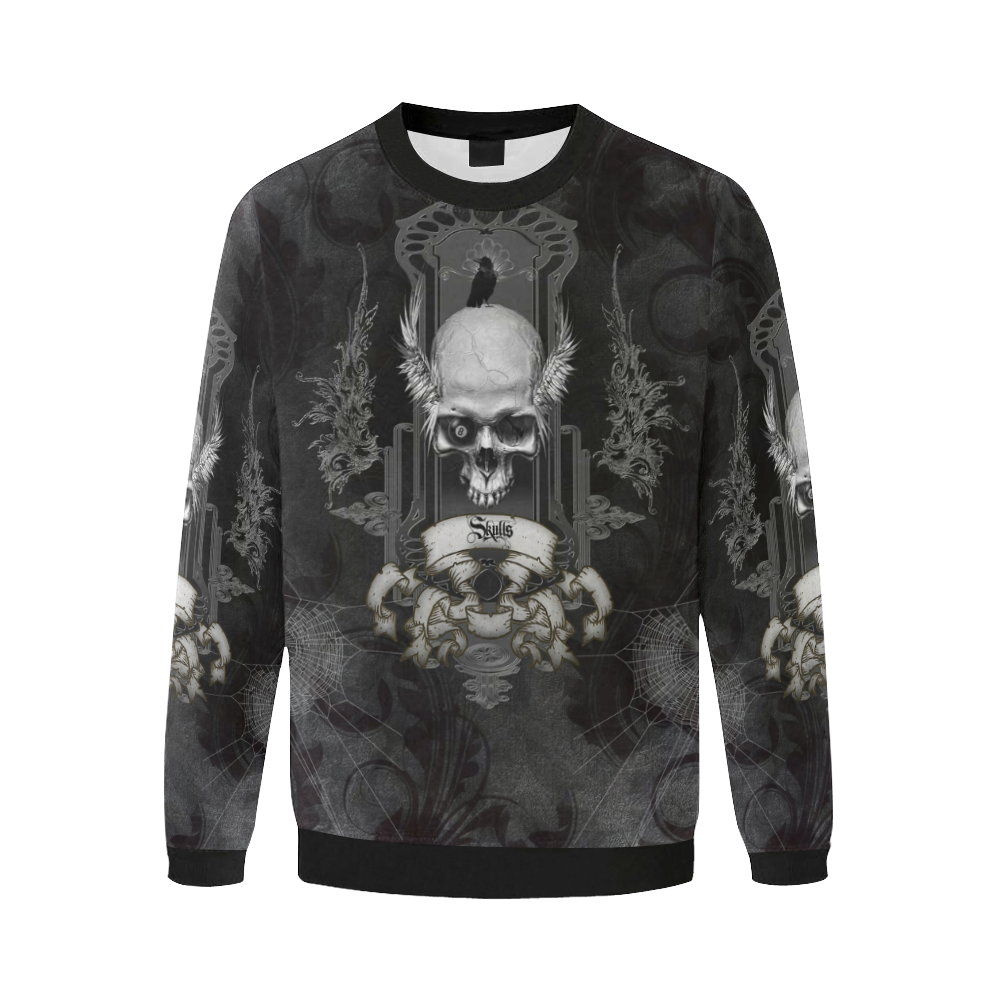 Skull with crow in black and white Men's Oversized Fleece Crew Sweatshirt (Model H18)