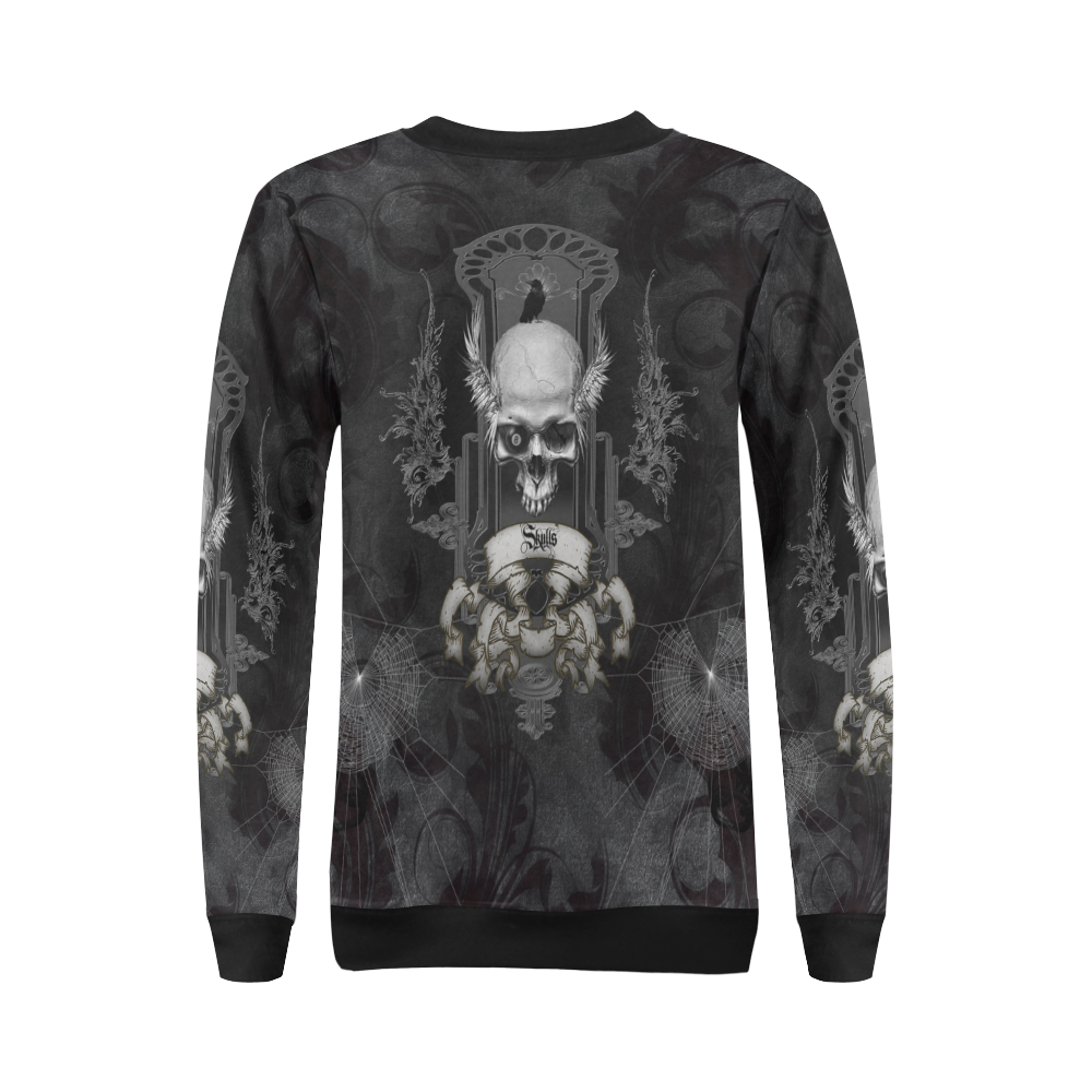 Skull with crow in black and white All Over Print Crewneck Sweatshirt for Women (Model H18)