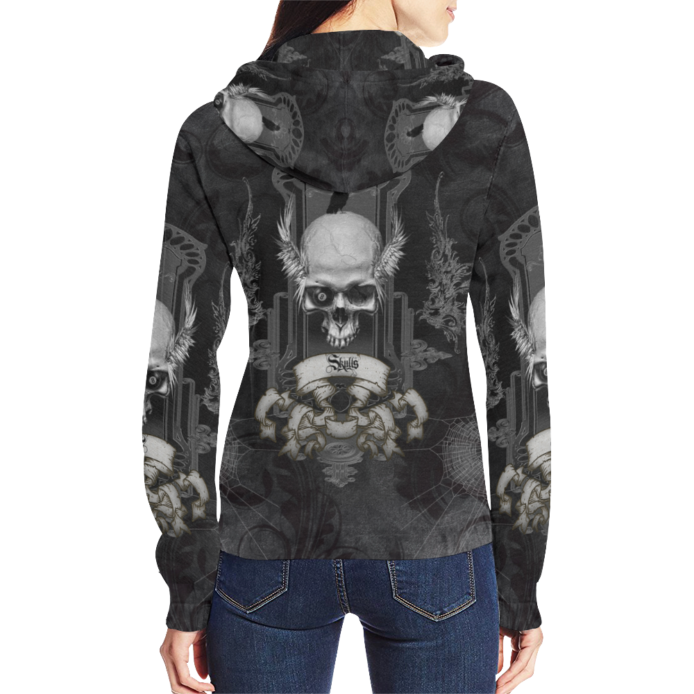 Skull with crow in black and white All Over Print Full Zip Hoodie for Women (Model H14)