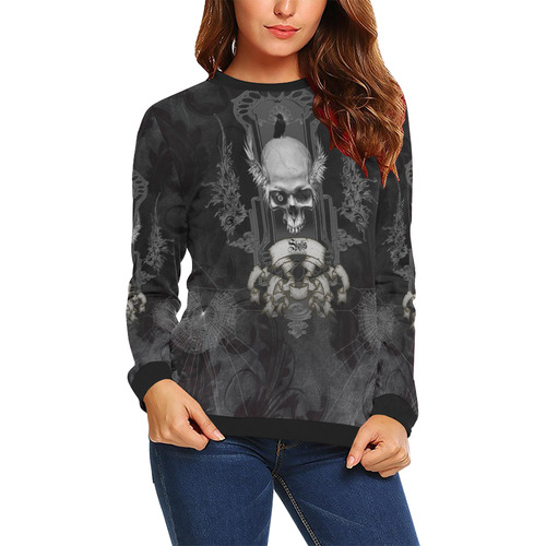 Skull with crow in black and white All Over Print Crewneck Sweatshirt for Women (Model H18)