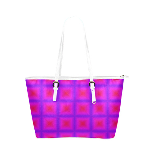 Pink purple multicolored multiple squares Leather Tote Bag/Small (Model 1651)