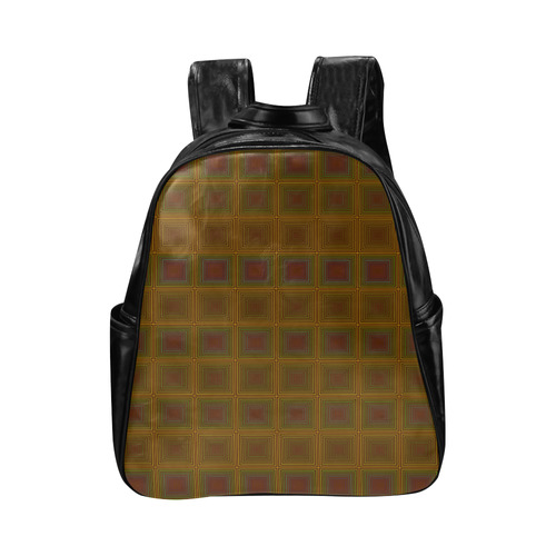 Golden brown multicolored multiple squares Multi-Pockets Backpack (Model 1636)