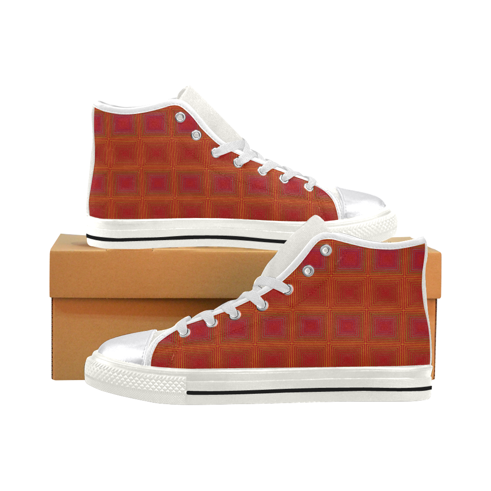 Red orange golden multicolored multiple squares Women's Classic High Top Canvas Shoes (Model 017)