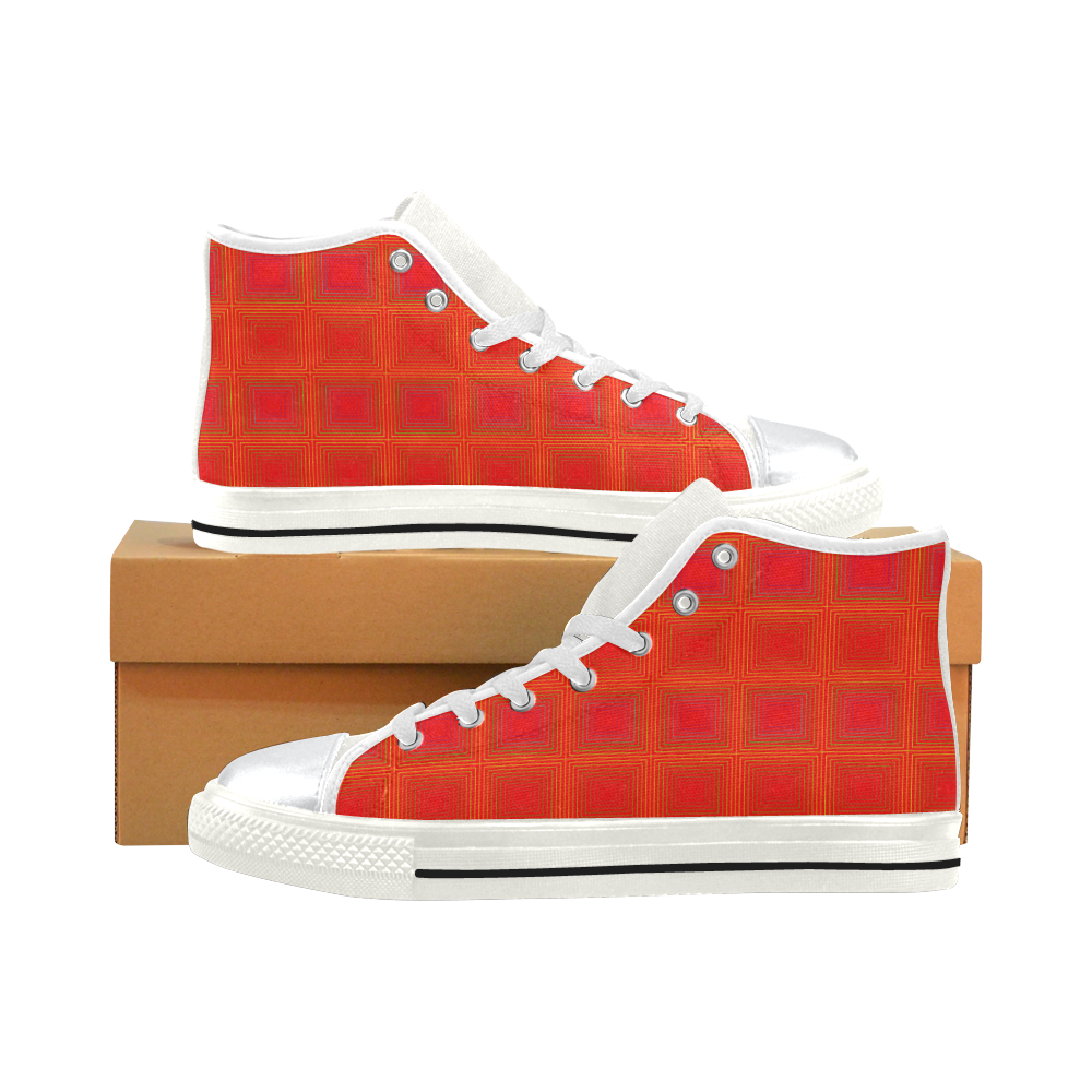 Red orange multicolored multiple squares High Top Canvas Shoes for Kid (Model 017)