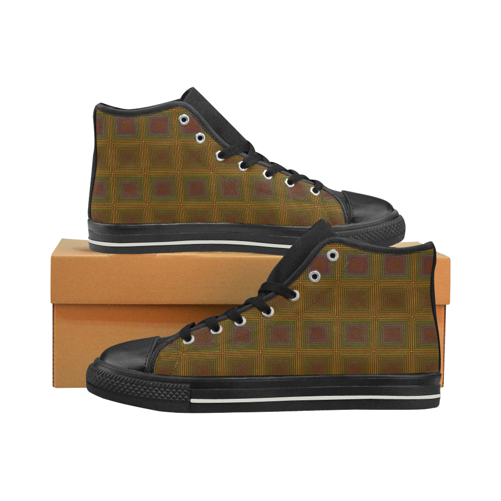 Golden brown multicolored multiple squares Men’s Classic High Top Canvas Shoes (Model 017)
