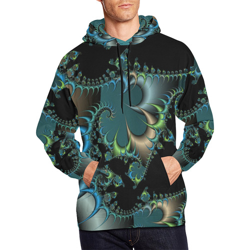 Fractal Attraction Men's Black, Green, Blue Elegance Hoodie Pullover Sweatshirt All Over Print Hoodie for Men/Large Size (USA Size) (Model H13)
