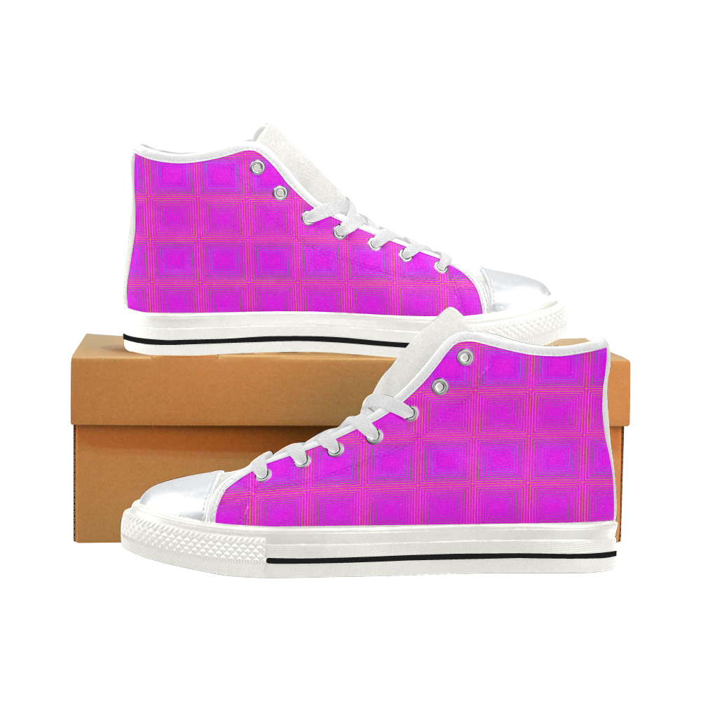 Pink golden multicolored multiple squares High Top Canvas Shoes for Kid (Model 017)