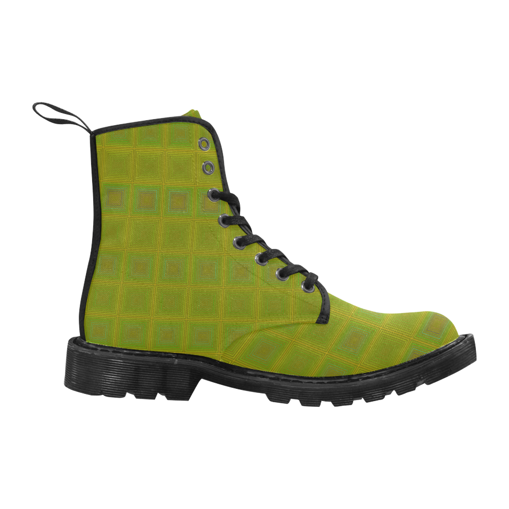 Olive green gold multicolored multiple squares Martin Boots for Women (Black) (Model 1203H)
