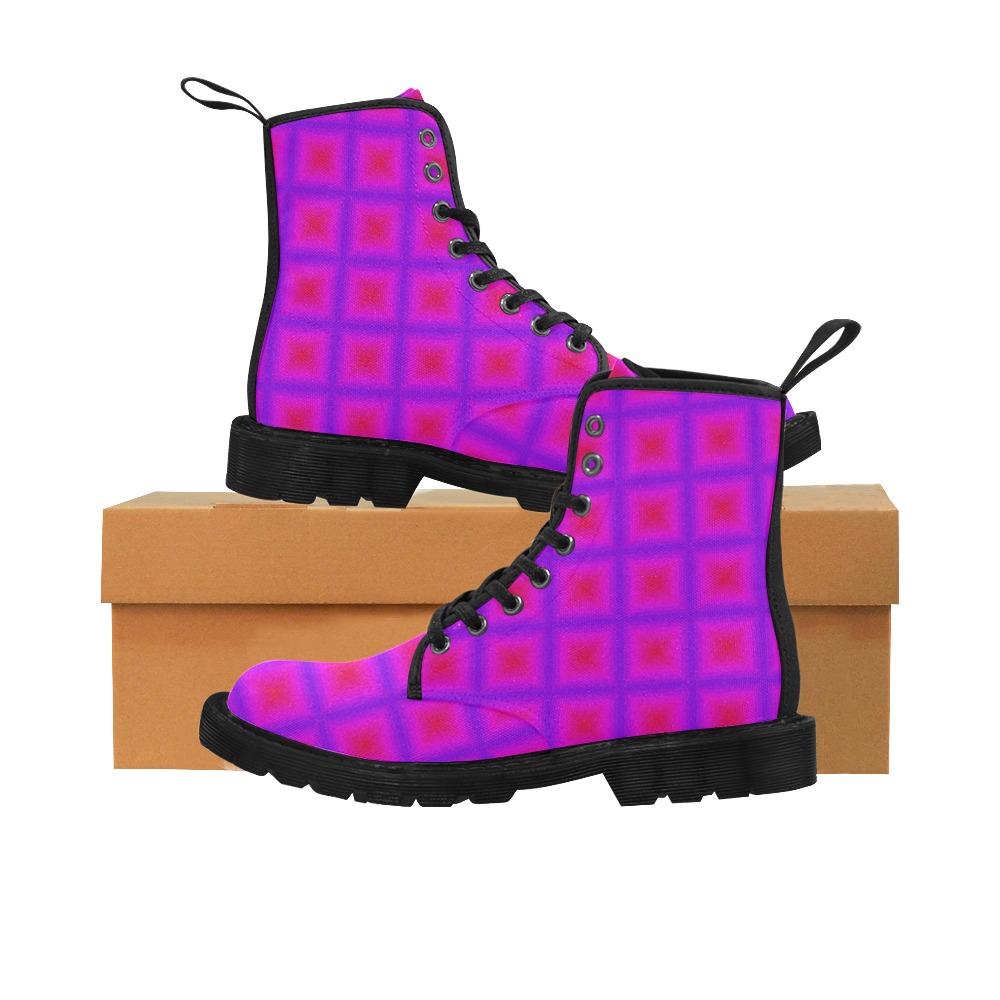 Pink purple multicolored multiple squares Martin Boots for Women (Black) (Model 1203H)