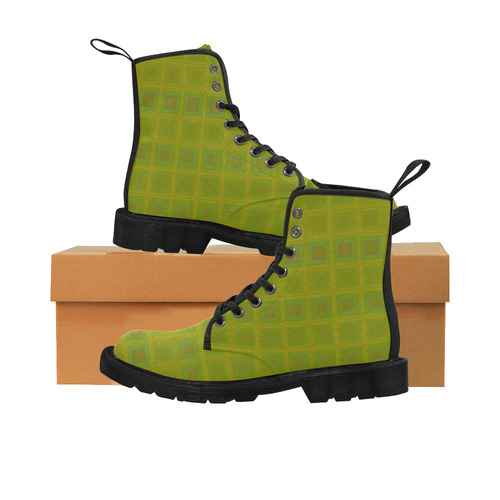 Olive green gold multicolored multiple squares Martin Boots for Men (Black) (Model 1203H)