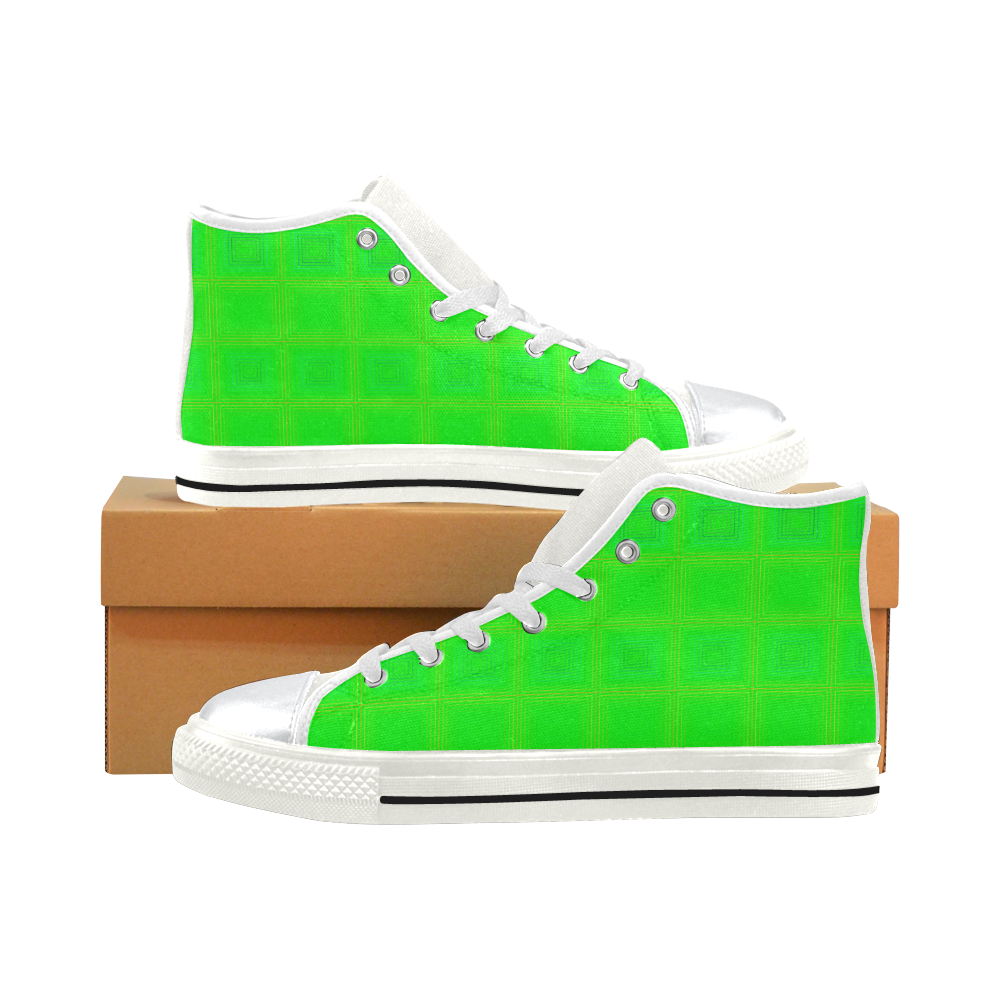 Green yellow multicolored multiple squares High Top Canvas Shoes for Kid (Model 017)
