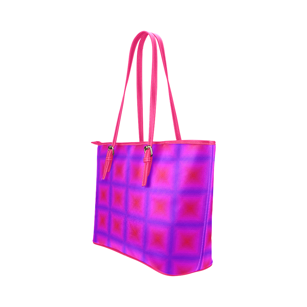 Pink purple multicolored multiple squares Leather Tote Bag/Large (Model 1651)