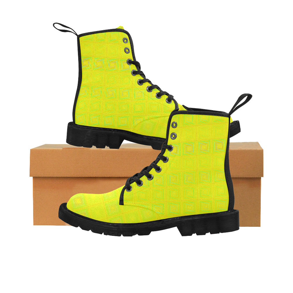 Yellow green multicolored multiple squares Martin Boots for Women (Black) (Model 1203H)