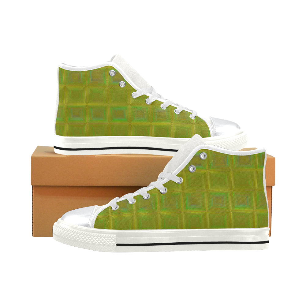 Olive green gold multicolored multiple squares High Top Canvas Shoes for Kid (Model 017)