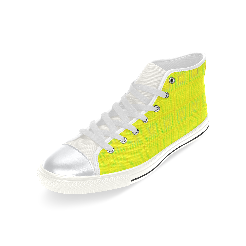 Yellow green multicolored multiple squares High Top Canvas Shoes for Kid (Model 017)
