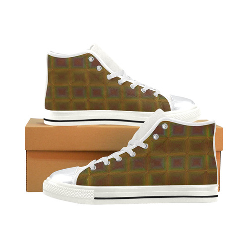 Golden brown multicolored multiple squares High Top Canvas Shoes for Kid (Model 017)