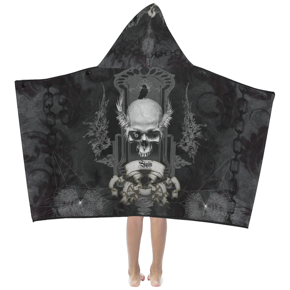 Skull with crow in black and white Kids' Hooded Bath Towels