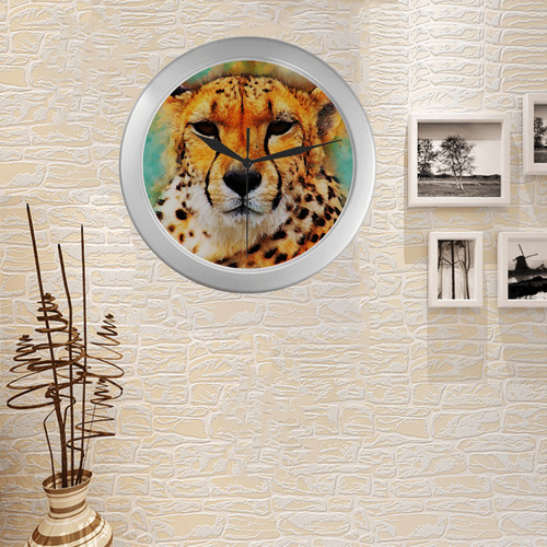 gepard leopard #gepard #leopard #cat Silver Color Wall Clock