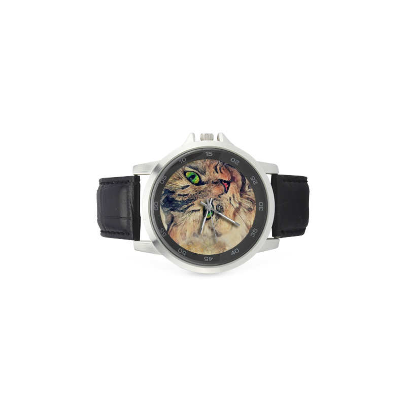 cat Pixie #cat #cats #kitty Unisex Stainless Steel Leather Strap Watch(Model 202)