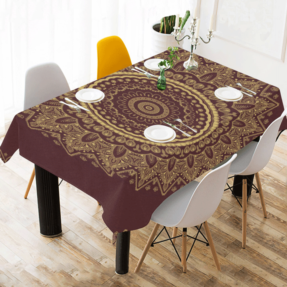 mandala golden yellow and dark red Cotton Linen Tablecloth 60" x 90"