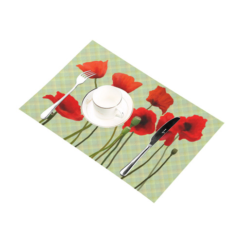 Pastel Lime Orange Crisscross Stripes with Poppies Placemat 12’’ x 18’’ (Set of 4)