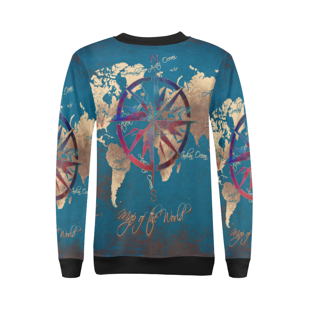 world map wind rose #map #worldmap All Over Print Crewneck Sweatshirt for Women (Model H18)