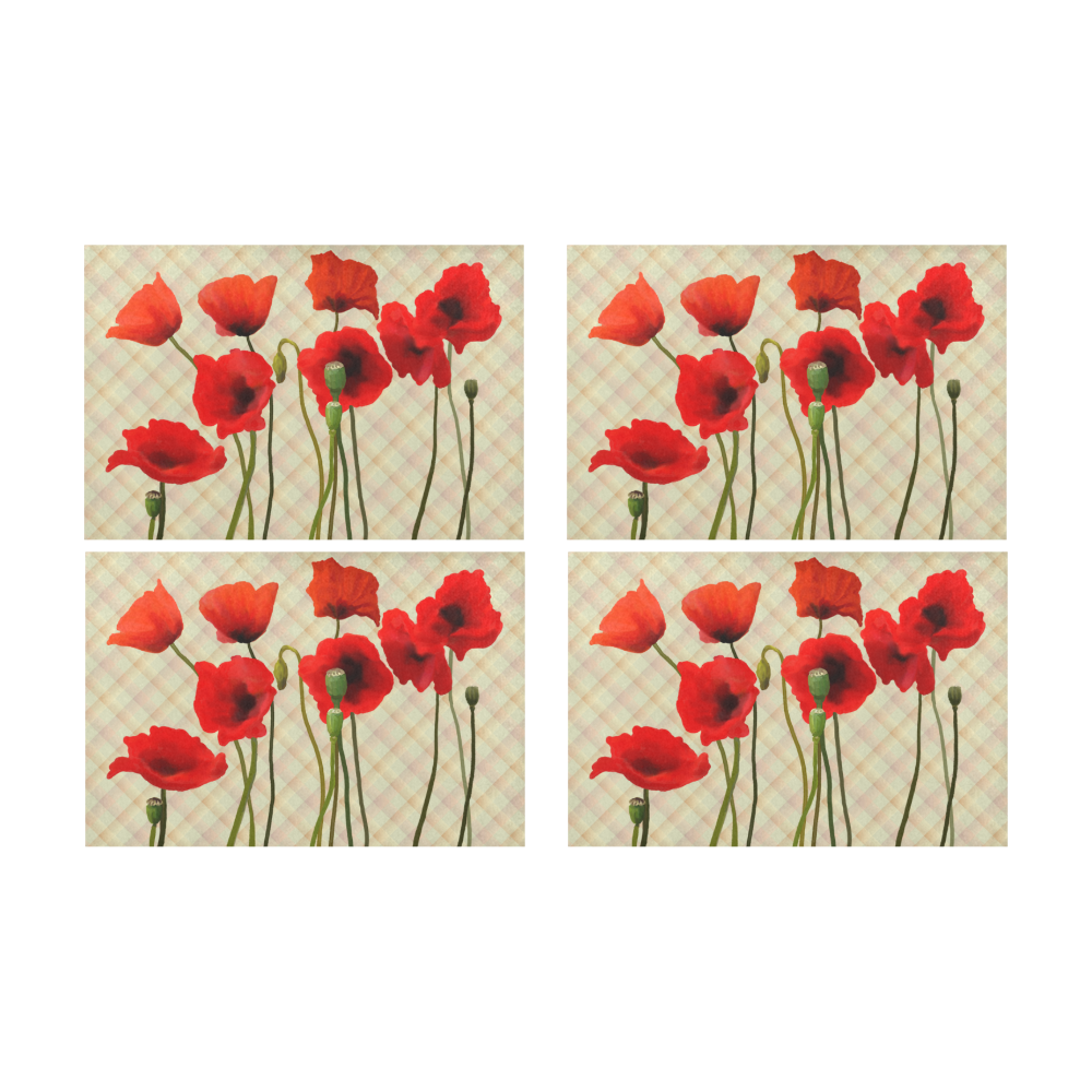 Pastel Yellow Orange Crisscross Stripes with Poppies Placemat 12’’ x 18’’ (Set of 4)
