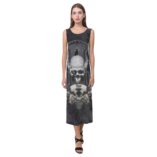 Skull with crow in black and white Phaedra Sleeveless Open Fork Long Dress (Model D08)
