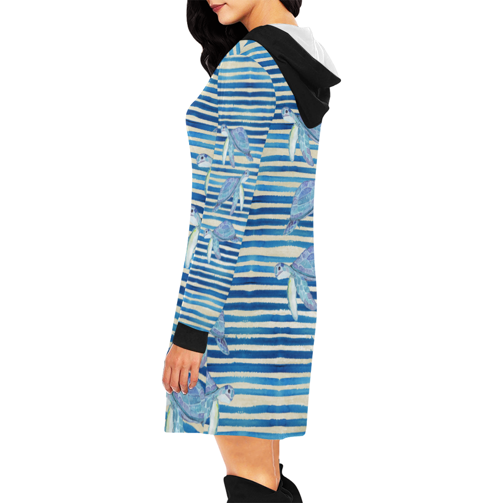 Turtles On Watercolor Stripes Grunge blue All Over Print Hoodie Mini Dress (Model H27)