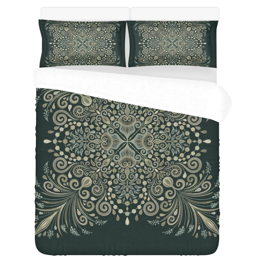 Brown Green Gold Pearl Jewel Vintage Mandala 3-Piece Bedding Set