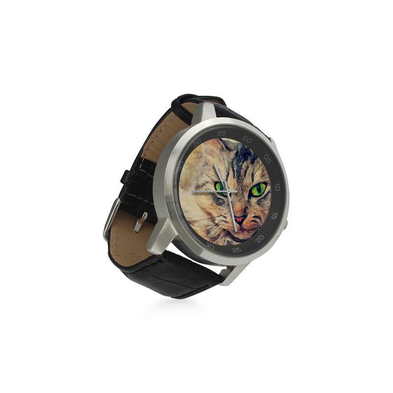 cat Pixie #cat #cats #kitty Unisex Stainless Steel Leather Strap Watch(Model 202)