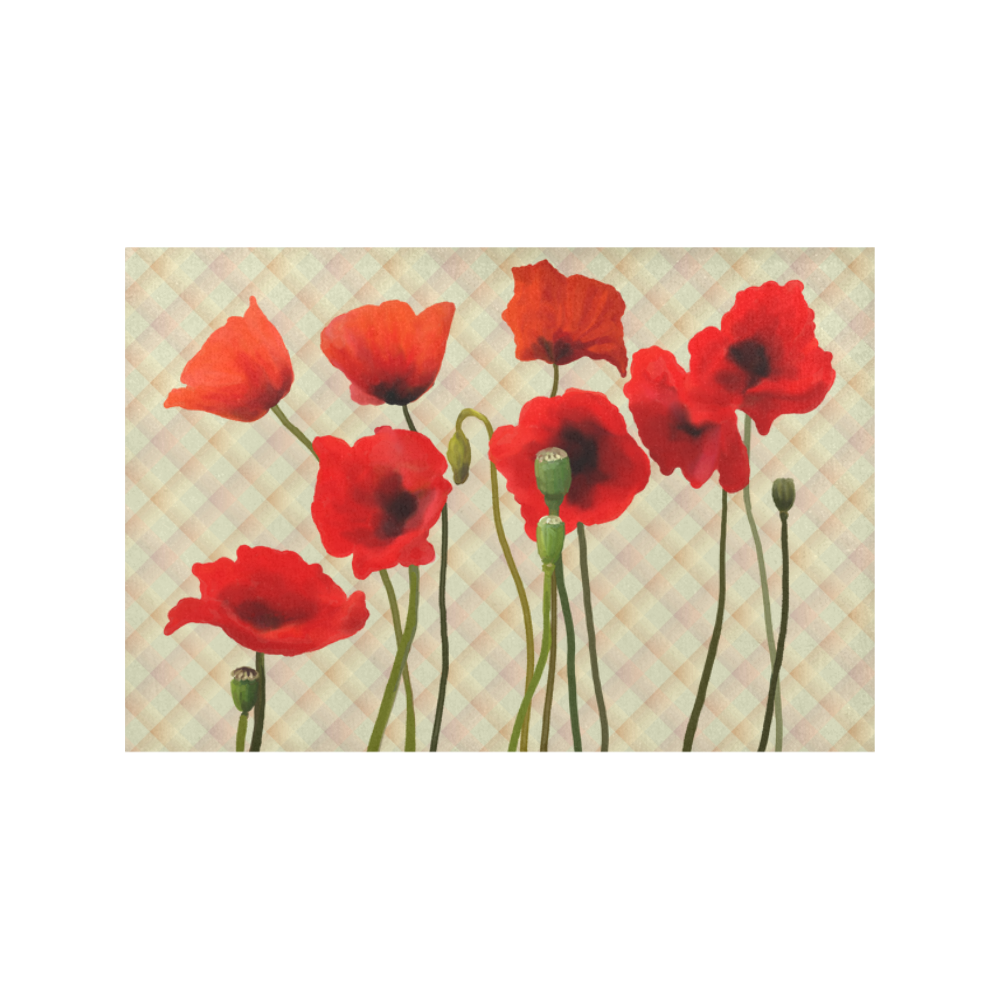 Pastel Yellow Orange Crisscross Stripes with Poppies Placemat 12’’ x 18’’ (Set of 4)