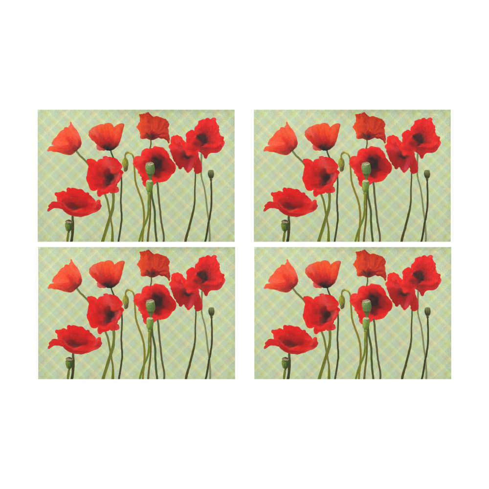 Pastel Lime Orange Crisscross Stripes with Poppies Placemat 12’’ x 18’’ (Set of 4)