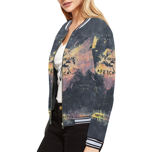 world map OCEANS and continents All Over Print Bomber Jacket for Women (Model H21)