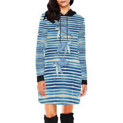 Turtles On Watercolor Stripes Grunge blue All Over Print Hoodie Mini Dress (Model H27)
