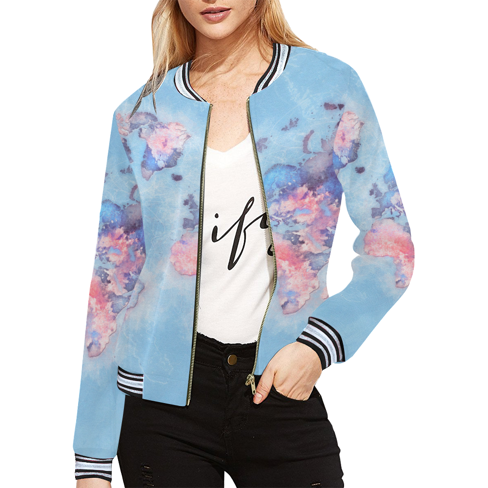 world map blue #map #worldmap All Over Print Bomber Jacket for Women (Model H21)