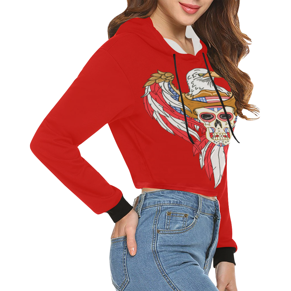 American Eagle Sugar Skull Red All Over Print Crop Hoodie for Women (Model H22)