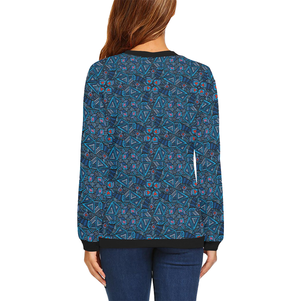 Blue Doodles - Hearts And Smiles All Over Print Crewneck Sweatshirt for Women (Model H18)