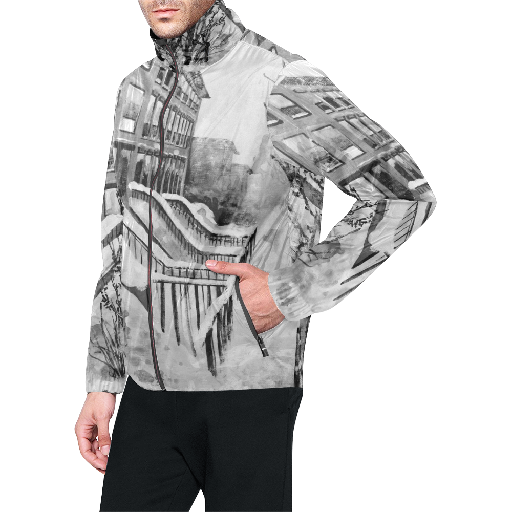 Brooklyn in a Snowstorm Black and White Unisex All Over Print Windbreaker (Model H23)