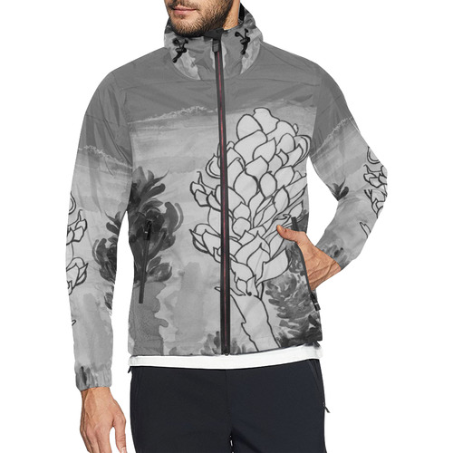 Alpinia purpurata Red Ginger Flower Black Unisex All Over Print Windbreaker (Model H23)