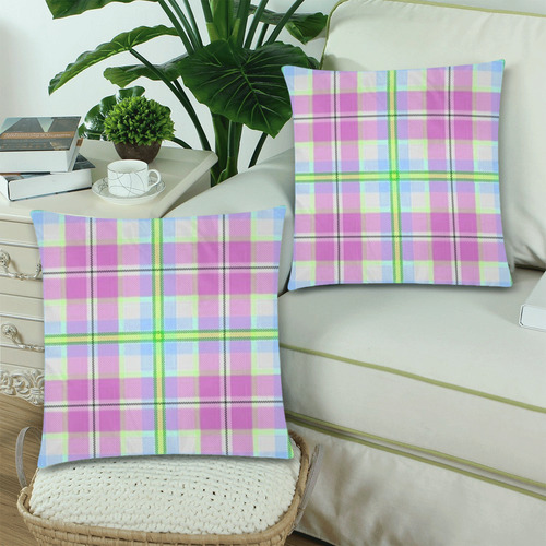 Pink And Blue Plaid Custom Zippered Pillow Cases 18"x 18" (Twin Sides) (Set of 2)