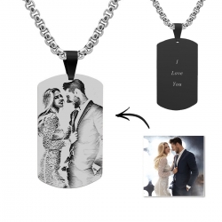 Engraved Black Titanium Steel Photo Tag Necklace (Black Back)