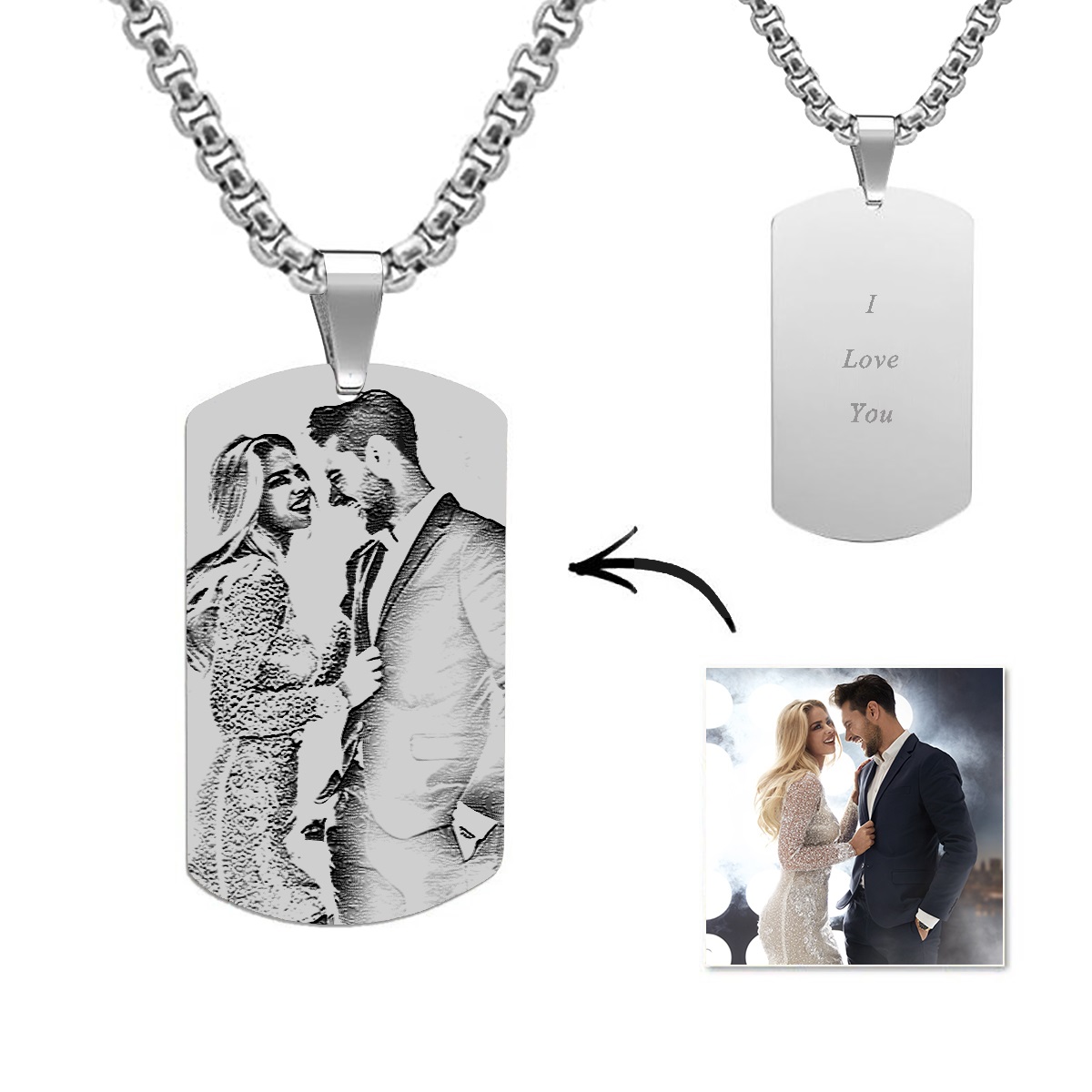 Engraved Black Titanium Steel Photo Tag Necklace (Silver BacK)